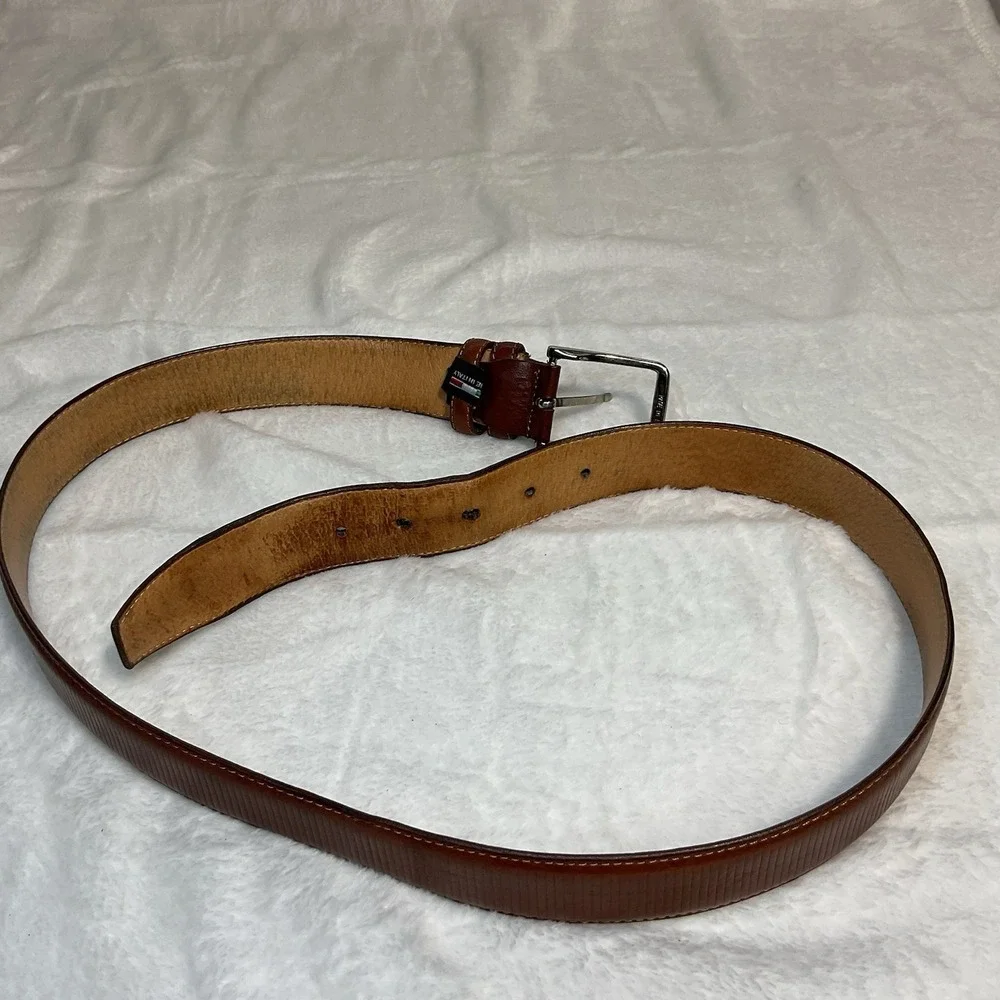 Men's Italian Leather Aponte Belt Brown Ribbed Silver Hardware 43.5
